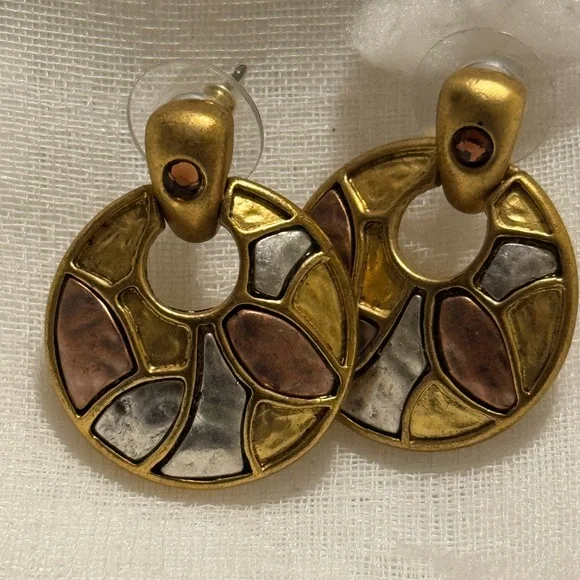 Chico’s Gold and Silver Mosaic Door Knocker Earrings - Picture 2 of 6